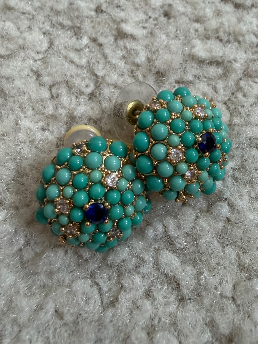 Vintage Turquoise Cluster Dome Stud Earrings with Navy gemstones